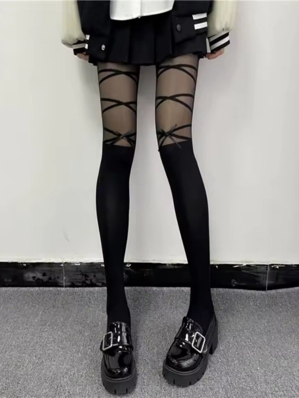 Women's Bowknot Tie Straps Ballet Mock Faux Thigh High Black Tights Pantyhose